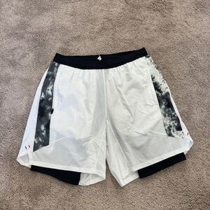 Men's White Athletic Layered Training Shorts with Black Waistband